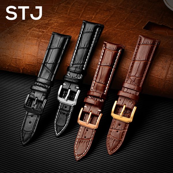 

stj brand calfskin watchband black genuine leather strap watch band 18mm 19mm 20mm 21mm 22mm 24mm watch accessories wristband, Black;brown