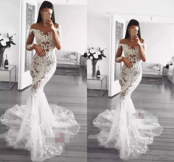 mermaid wedding dresses illusion sheer bateau neck sweep train long sleeve beach wedding gowns lace appliques plus size bridal dress, White
mermaid wedding dresses illusion sheer bateau neck sweep train long sleeve beach wedding gowns lace appliques plus size bridal dress, White