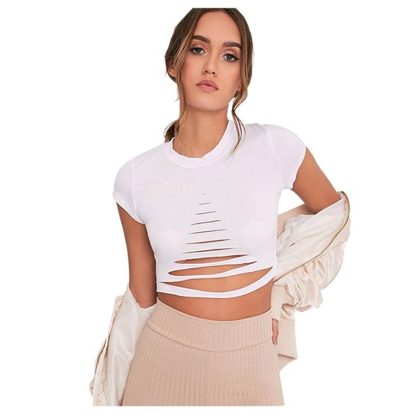 women's new fashion summer short t shirt ripped slashed tight o-neck t-shirt clubwear holes out street style tee, White
women's new fashion summer short t shirt ripped slashed tight o-neck t-shirt clubwear holes out street style tee, White