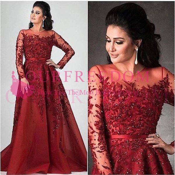 2019 dark red sheer jewel neck long sleeve prom dresses beaded crystal a line sweep train formal evening occasion dresses custom made, Black
2019 dark red sheer jewel neck long sleeve prom dresses beaded crystal a line sweep train formal evening occasion dresses custom made, Black