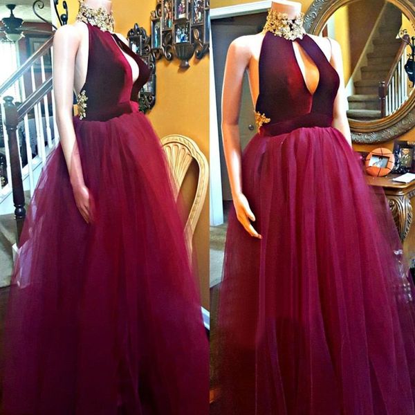new burgundy long prom dresses tulle a line evening dress backless high neck golden appliques floor length formal occasion dresses, Black
new burgundy long prom dresses tulle a line evening dress backless high neck golden appliques floor length formal occasion dresses, Black