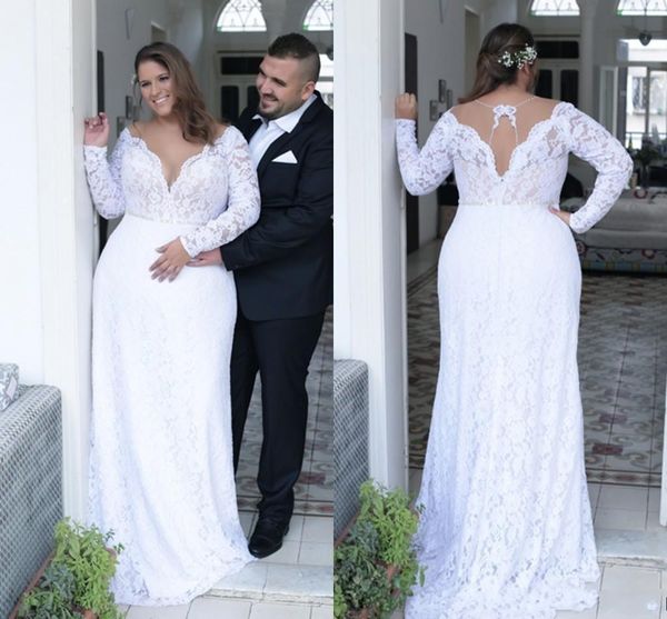 deep v neck white lace plus size wedding dresses 2018 long sleeves unique back sheath plus size dress for bride custom made 
deep v neck white lace plus size wedding dresses 2018 long sleeves unique back sheath plus size dress for bride custom made