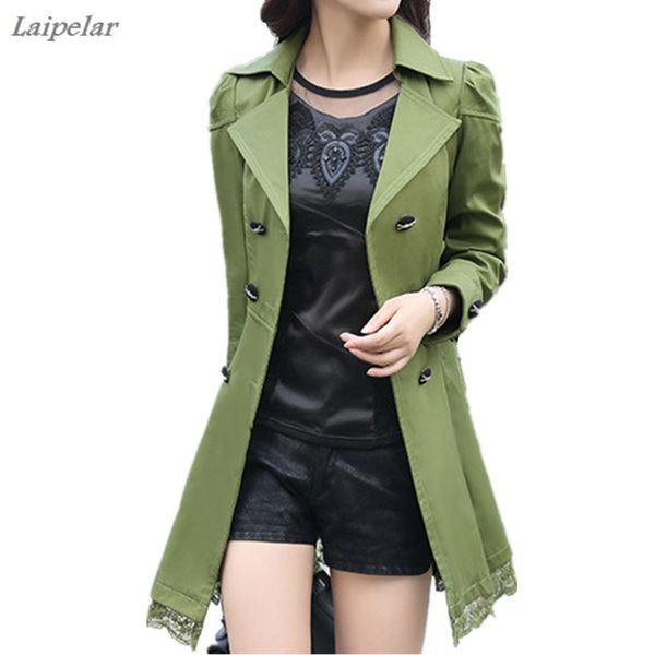 

2018 fashion female spring slim trench coat / women's lace lap style solid colour double breasted long coat / size -xxxl, Tan;black