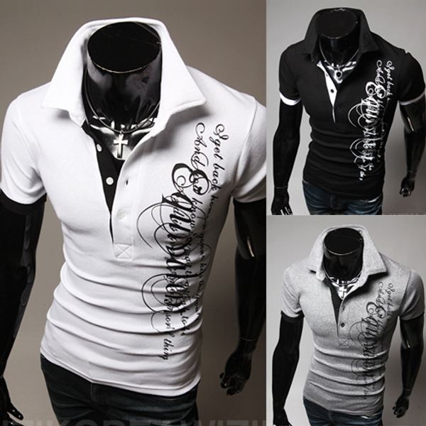 men summer tshirts letters printed design casual turn down collar tees, White;black
men summer tshirts letters printed design casual turn down collar tees, White;black