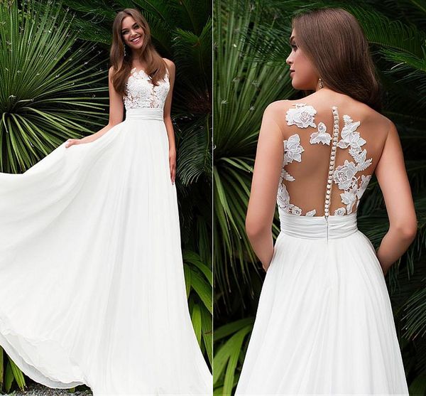 summer beach wedding dresses sheer neck illusion bodice appliques chiffon pleated long wedding gowns bridal dresses sweep train, White
summer beach wedding dresses sheer neck illusion bodice appliques chiffon pleated long wedding gowns bridal dresses sweep train, White