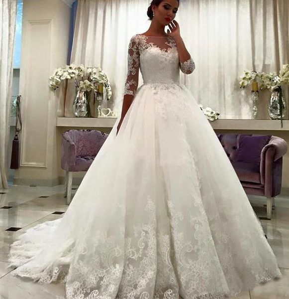 vintage beaded lace ball gown wedding dresses with 3/4 long sleeve sheer neck wedding gown ivory tulle corset bridal gowns, White
vintage beaded lace ball gown wedding dresses with 3/4 long sleeve sheer neck wedding gown ivory tulle corset bridal gowns, White