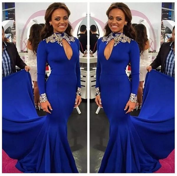 2020 royal blue high neck mermaid evening dresses hollow out long sleeves prom gowns with gold lace appliqued party wear, Black;red
2020 royal blue high neck mermaid evening dresses hollow out long sleeves prom gowns with gold lace appliqued party wear, Black;red