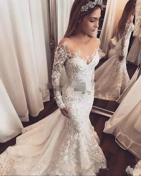 vintage backless mermaid wedding dress lace backless sheer neck long sleeves illusion back court train bridal gowns wedding dresses, White
vintage backless mermaid wedding dress lace backless sheer neck long sleeves illusion back court train bridal gowns wedding dresses, White
