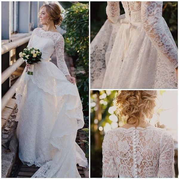 elegant lace weddig dress long sleeves bateau neckline tiered skirts with detachable train overskirts garden country wedding bridal gown, White
elegant lace weddig dress long sleeves bateau neckline tiered skirts with detachable train overskirts garden country wedding bridal gown, White