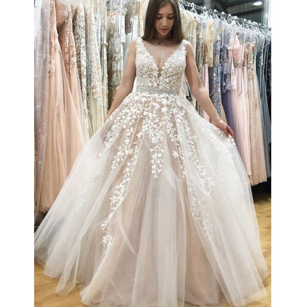 deep v-neck a-line wedding dresses backless sleeveless appliques lace with crystal sash bridal gown vestido de noiva, White
deep v-neck a-line wedding dresses backless sleeveless appliques lace with crystal sash bridal gown vestido de noiva, White
