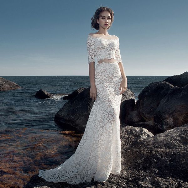 half sleeves lace 2 pieces wedding dress 2018 scoop neck mermaid wedding dresses new beach bridal gowns, White
half sleeves lace 2 pieces wedding dress 2018 scoop neck mermaid wedding dresses new beach bridal gowns, White