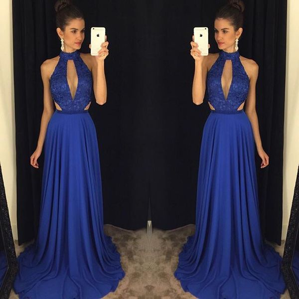 royal blue halter prom dress front key hole low back long party dress v-neckline evening gown, Black
royal blue halter prom dress front key hole low back long party dress v-neckline evening gown, Black