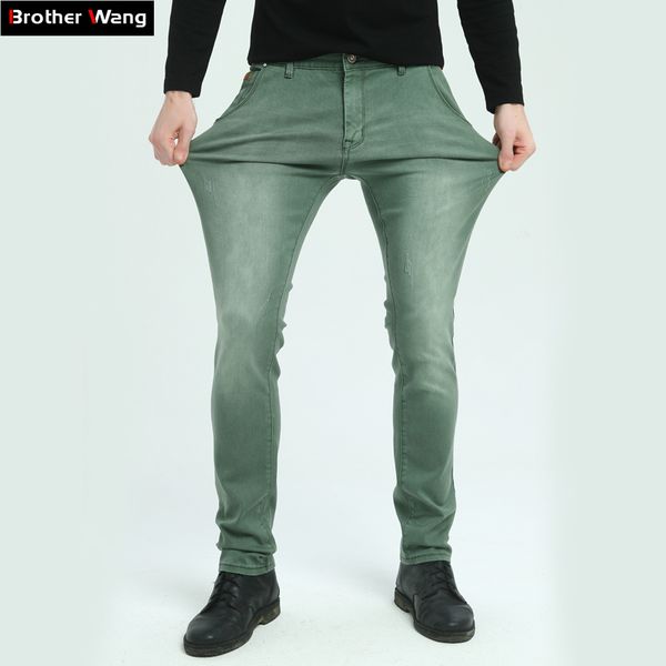 

brother wang brand 2017 new men's elastic jeans fashion slim skinny jeans casual pants trousers male green black blue