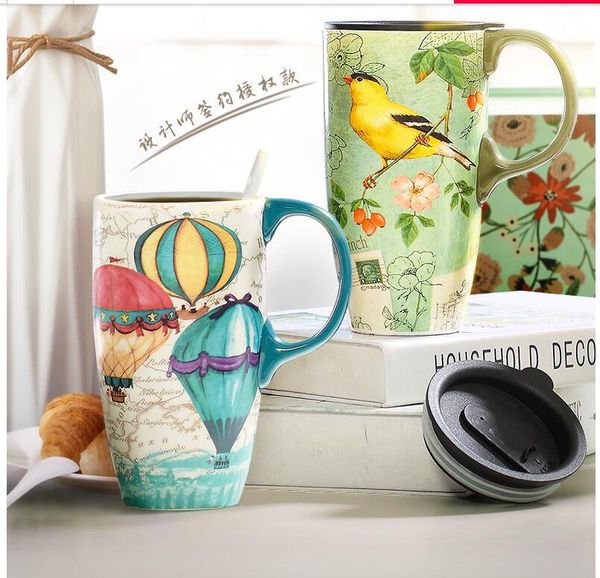 ceramic mugs with decor bird and cover