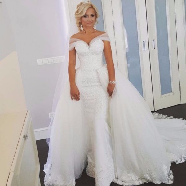 gorgeous detachable overskirt wedding dresses fashion dubai off shoulder lace appliques tulle mermaid bridal gown 2018 romantic wedding gown, White
gorgeous detachable overskirt wedding dresses fashion dubai off shoulder lace appliques tulle mermaid bridal gown 2018 romantic wedding gown, White