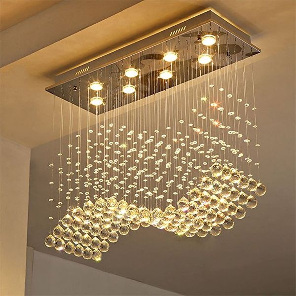 Contemporary Crystal Rectangle Chandelier Rain Drop Crystal Ceiling Light Fixture Wave Design Flush Mount For Dining Room