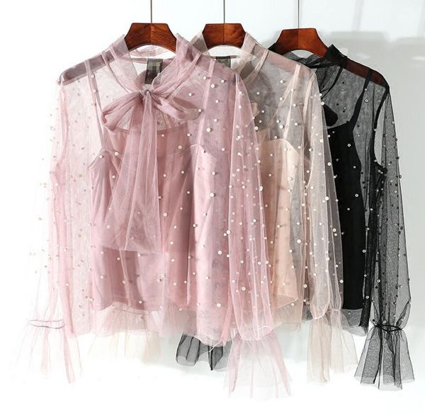 2018 new women's summer long sleeve 2pcs lace beading blouse shirt black pink sweet office ladies elegant female, White
2018 new women's summer long sleeve 2pcs lace beading blouse shirt black pink sweet office ladies elegant female, White
