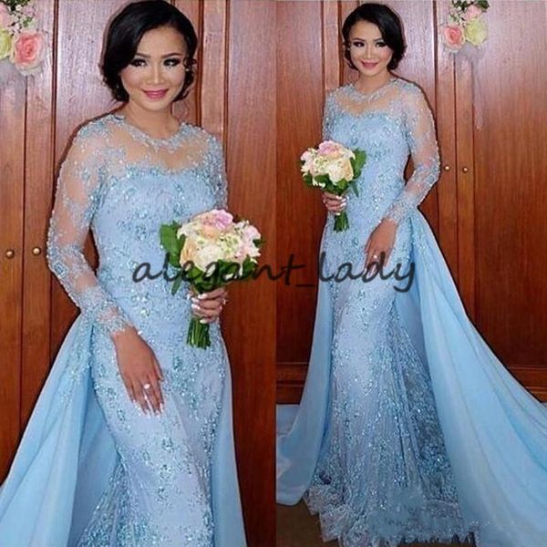 light sky blue dubai lace mermaid evening dresses with overskirt sheer neck long sleeves appliques beaded evening party gowns prom dress, Black
light sky blue dubai lace mermaid evening dresses with overskirt sheer neck long sleeves appliques beaded evening party gowns prom dress, Black