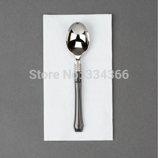 100pcs/lot plastic heavy silver spoon 6.7" plastic black cutlery for wedding dispoable flatware set
100pcs/lot plastic heavy silver spoon 6.7" plastic black cutlery for wedding dispoable flatware set