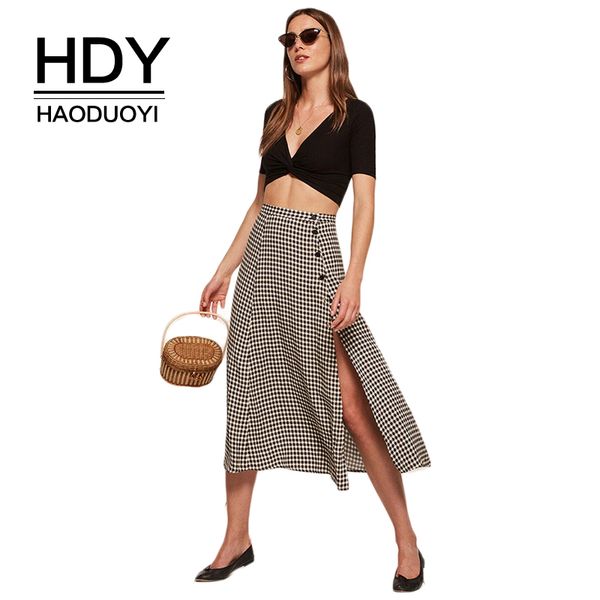 

hdy haoduoyi plaid split side summer 2018 women button vintage midi skirt casual elegant high waist a-line fashion, Black