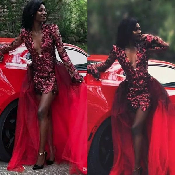 red short prom dresses with detachable skirt deep v neck long sleeve sparkly evening gowns tulle lace appliques formal party dress, Black
red short prom dresses with detachable skirt deep v neck long sleeve sparkly evening gowns tulle lace appliques formal party dress, Black