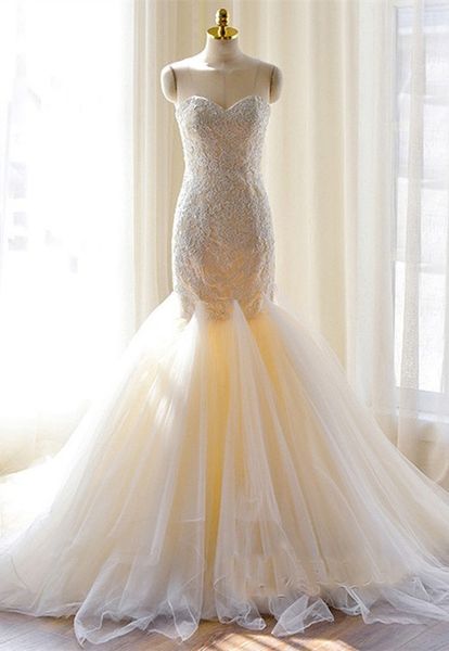 Gorgeous Lace Mermaid Wedding Dresses Sweetheart Sweep Train Light Champagne Bridal Dresses Real Pictures Wedding Bridal Gowns
Gorgeous Lace Mermaid Wedding Dresses Sweetheart Sweep Train Light Champagne Bridal Dresses Real Pictures Wedding Bridal Gowns