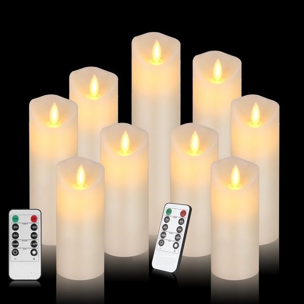 

Flameless led Candles Battery Operated Flickering Light Pillar Real Smooth Wax with Timer and 10-key Remote for Wedding(Set of 9)