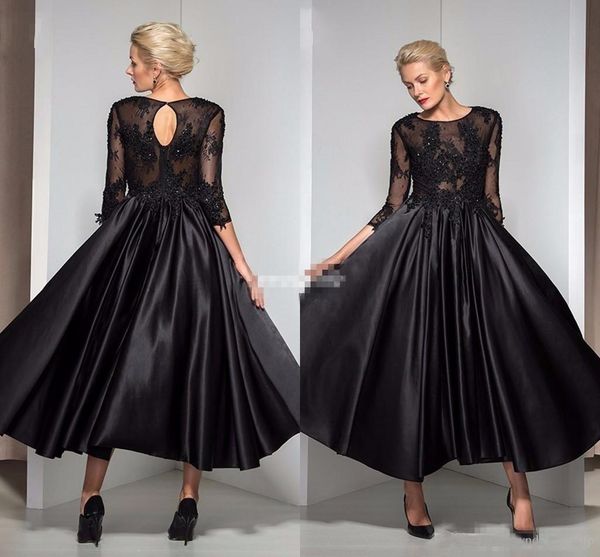 Vintage Tea Length Formal Evening Dresses Black Satin Prom Gown with 3/4 Sleeve Keyhole Back Applique Cheap 2019 Mother of the Bride Dresses
Vintage Tea Length Formal Evening Dresses Black Satin Prom Gown with 3/4 Sleeve Keyhole Back Applique Cheap 2019 Mother of the Bride Dresses