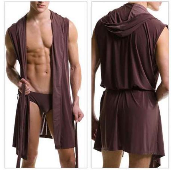 men summer ice silk robe gown male bathrobe nightgown men's sleeveless hooded robes black white gray coffee nightgown, Black;brown
men summer ice silk robe gown male bathrobe nightgown men's sleeveless hooded robes black white gray coffee nightgown, Black;brown