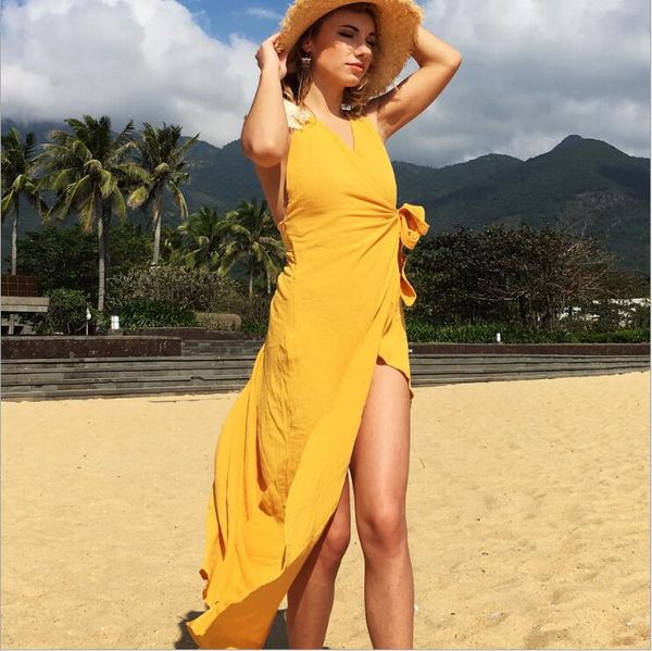 v-neck women yellow dresses slim bohemian beach summer dress long length holiday strap bow decorative dress, Black;gray
v-neck women yellow dresses slim bohemian beach summer dress long length holiday strap bow decorative dress, Black;gray