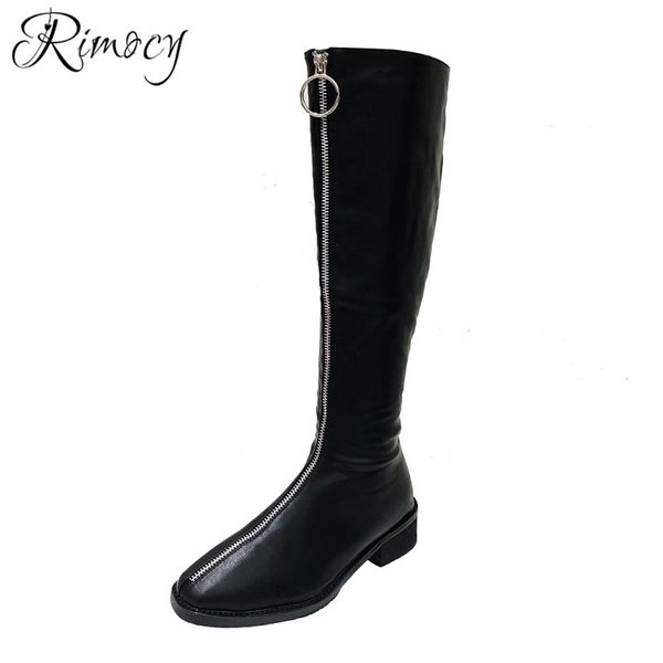 rimocy thigh high boots flock round toe long boots winter fashion front zipper booties 2018 woman square heels knee high botas, Black