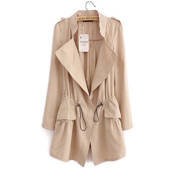 

cute women cardigans casual spring autumn turn-down collar long trench ladies pleated pocket design outwear coat wdc964, Tan;black