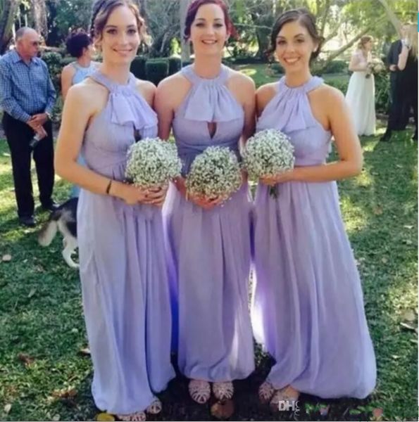 lavender bridesmaid dresses long halter sleeveless tiered ruffle maid of honor dress a line chiffon wedding party dress, White;pink 
lavender bridesmaid dresses long halter sleeveless tiered ruffle maid of honor dress a line chiffon wedding party dress, White;pink