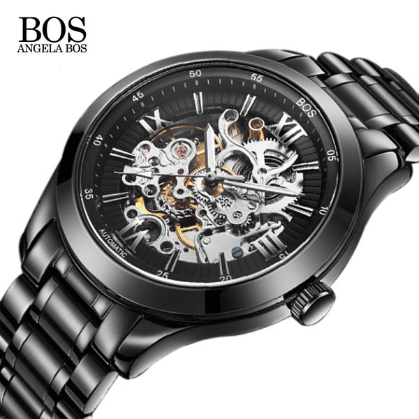 

angela bos skeleton automatic watch mens mechanical black stainless steel waterproof luxury watch men wristwatch, Slivery;brown