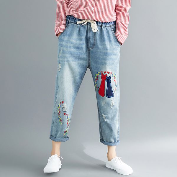 retro loose mom jeans high waisted ripped harem jeans for women cat cartton embroidered juniors long elastic waist denim, Blue
retro loose mom jeans high waisted ripped harem jeans for women cat cartton embroidered juniors long elastic waist denim, Blue
