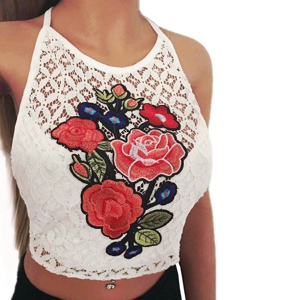 2017 summer new women lace embroidery tank short halter embroidery hanging neck small vest, White
2017 summer new women lace embroidery tank short halter embroidery hanging neck small vest, White