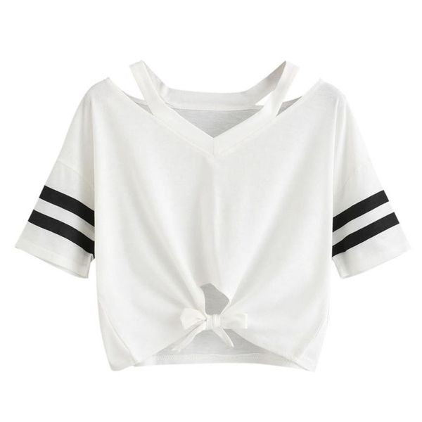 women short t-shirt summer short sleeve cut out v-neck casual crop ladies striped sleeve bow tied tees #l, White
women short t-shirt summer short sleeve cut out v-neck casual crop ladies striped sleeve bow tied tees #l, White