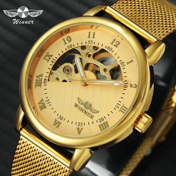 winner fashion golden mechanical watch men mesh strap roman arabic number skeleton dial wristwatches for man, Slivery;brown
winner fashion golden mechanical watch men mesh strap roman arabic number skeleton dial wristwatches for man, Slivery;brown