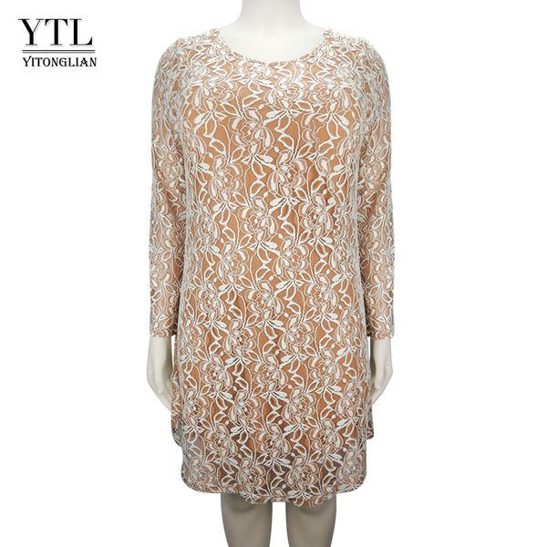 

ytl plus size women clothing elegant see-through floral lace dress winter long sleeve large size tunic dress 6xl 7xl 8xl h143, White;black