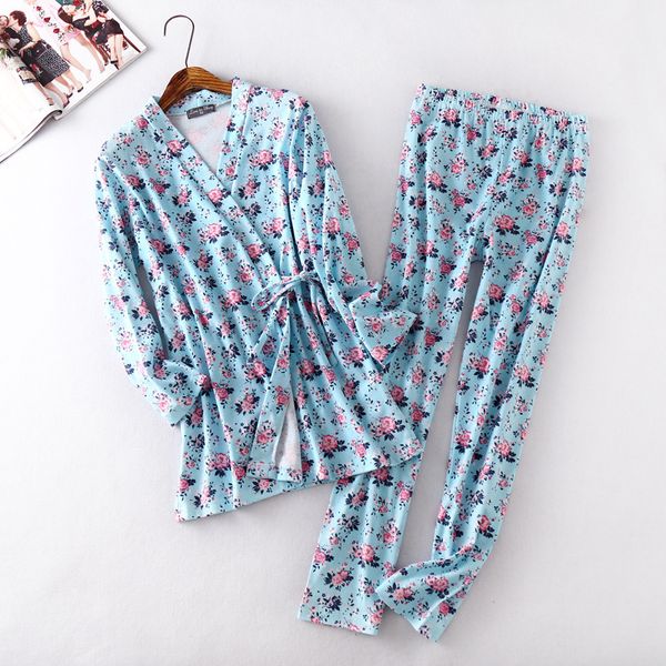 

floral print pajamas for women soft cotton lingerie pijama set kimono robe pant pyjamas sleepwear, Blue;gray