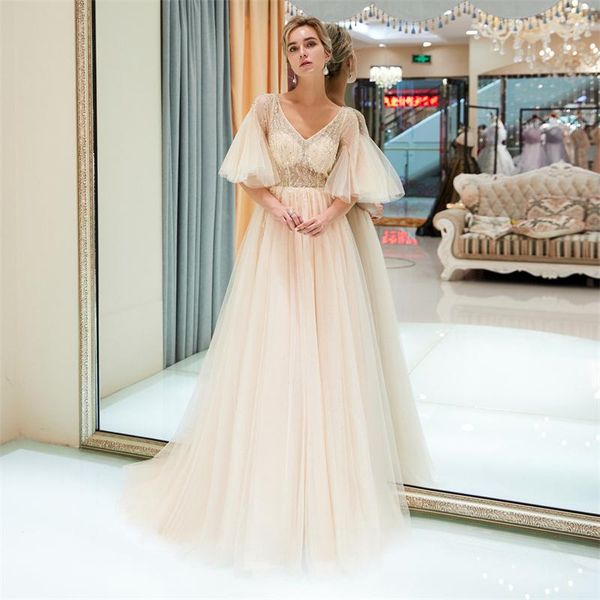major beading prom dresses with half sleeves v neck illusion a line tulle celebrity evening dress back zipper poet sleeves cocktail gowns, Black
major beading prom dresses with half sleeves v neck illusion a line tulle celebrity evening dress back zipper poet sleeves cocktail gowns, Black