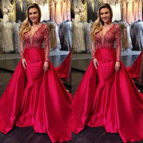 2020 satin arabic mermaid evening dresses deep v neck illusion long sleeves backless lace applique beaded with detachable prom party gowns, Black;red
2020 satin arabic mermaid evening dresses deep v neck illusion long sleeves backless lace applique beaded with detachable prom party gowns, Black;red