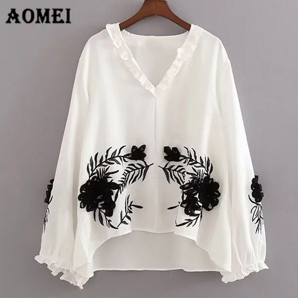 women blouse shirts lantern long sleeve v neck irregular length v neck black embroidery floral chic spring blouses blusas, White
women blouse shirts lantern long sleeve v neck irregular length v neck black embroidery floral chic spring blouses blusas, White