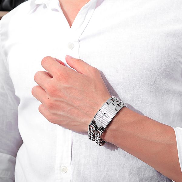 new fashion jewelry men spanish bible stainless bracelet customize double chunky chain delicate clasp detachable gs620, Black
new fashion jewelry men spanish bible stainless bracelet customize double chunky chain delicate clasp detachable gs620, Black