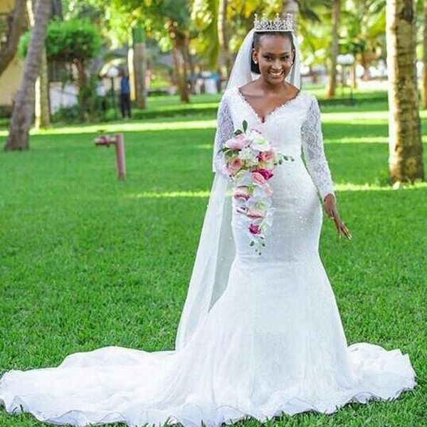v neck mermaid wedding dresses south african lace long sleeves bridal gowns court train custom made wedding vestidos, White
v neck mermaid wedding dresses south african lace long sleeves bridal gowns court train custom made wedding vestidos, White
