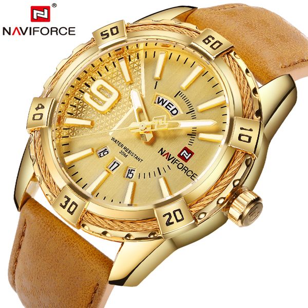 

naviforce brand men's sports quartz watches men creative analog wristwatches 30m waterproof leather strap auto date square clock, Slivery;brown