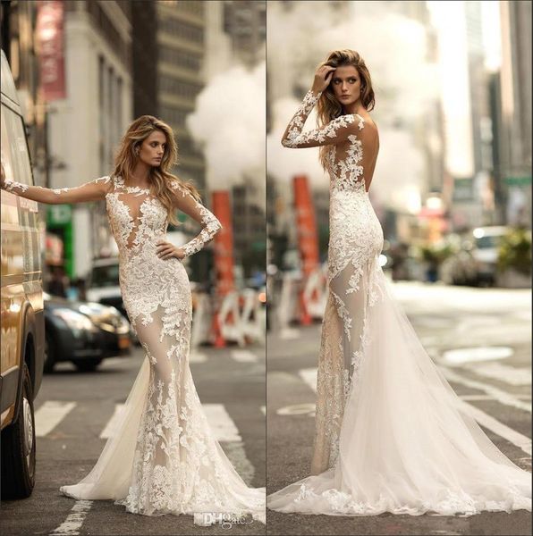 

2018 Lace Mermaid Wedding Dresses Betra Sheer Long Sleeves Tulle Applique Seen Through Backless Sweep Train Wedding Bridal Gowns