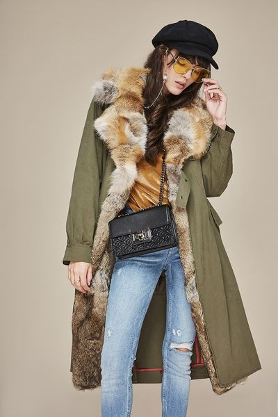 army green liner detachable fox fur trim women down jackets over the knee ladies down parkas, Black
army green liner detachable fox fur trim women down jackets over the knee ladies down parkas, Black