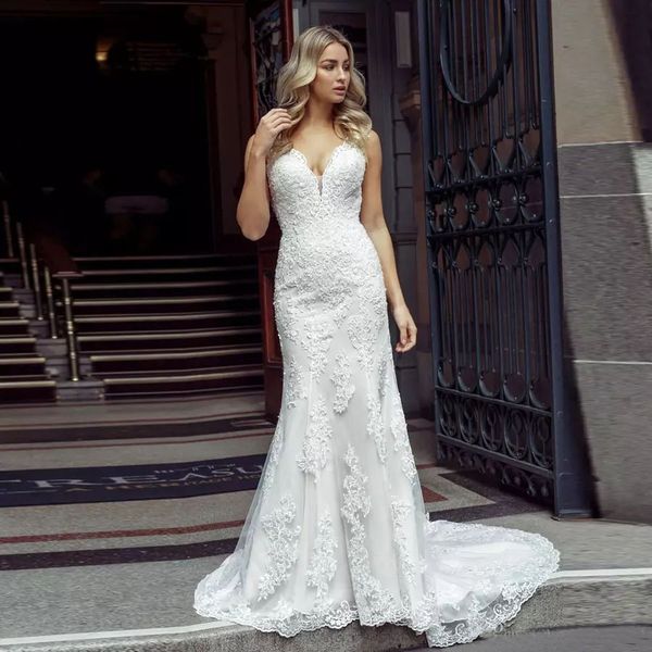 deep v neck lace mermaid wedding dresses 2021 with appliques beaded sweep train backless wedding bridal gowns, White
deep v neck lace mermaid wedding dresses 2021 with appliques beaded sweep train backless wedding bridal gowns, White