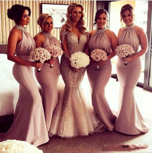 halter maid of honor dresses evening wear ruffle satin mermaid bridesmaid dress zipper back wedding party gowns, White;pink
halter maid of honor dresses evening wear ruffle satin mermaid bridesmaid dress zipper back wedding party gowns, White;pink